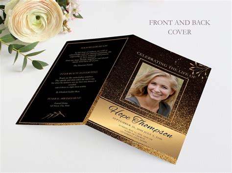 Black And Gold Funeral Program Editable Obituary Template Etsy