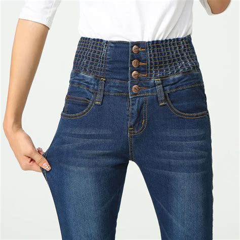 thin elastic waist straight leg jeans women summer pants high waist stretch skinny jeans slim in