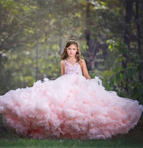 Pink Cloud Princess Puffy Flower Girl Dresses Wedding Party Prom Gown