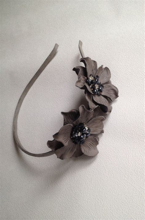 Grey Headband With Suede Leather Flowers Leather Headband