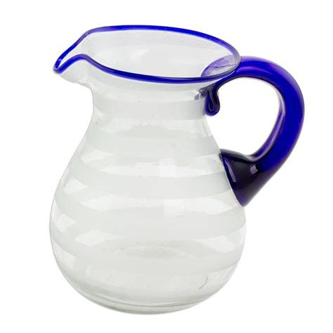 Hand Blown Recycled Glass Pitcher Frosted Stripe Blue Accent Refreshing Novica