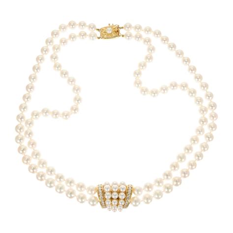 3 Strand Pearl Necklace With Diamond Gold Double Clasp At 1stdibs