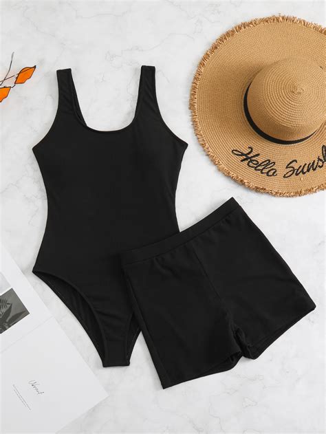 Shein Swim Basics Ribbed Knit One Piece Swimsuit And Shorts Shein Usa