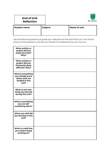 Myp End Of Unit Reflection Template Teaching Resources