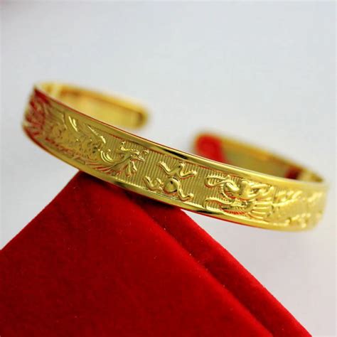 Cuff Bangle Yellow Gold Filled Womens Bangle Carved Dragon Phoenix In