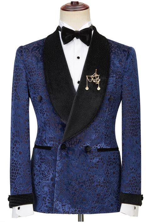 Luluslly Dark Navy Jacquard Double Breasted Shawl Lapel Men Suits For Wedding