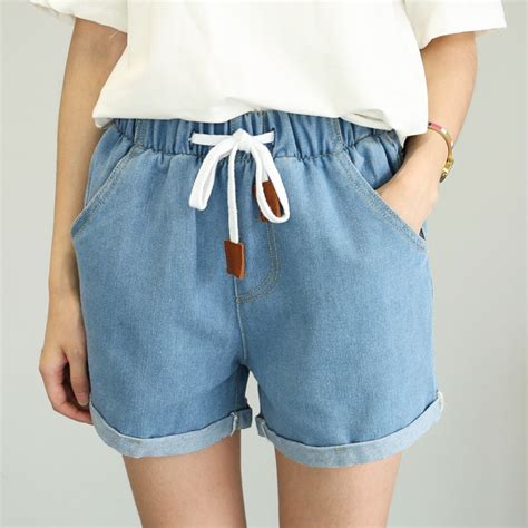 Dzzyfjc High Waist Denim Shorts Women Summer Solid Elastic Waist Drawstring Jeans Shorts Femmes