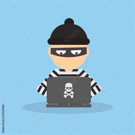 Criminal Hacker With Laptop Funny Cartoon Thief In Black Mask Stealing