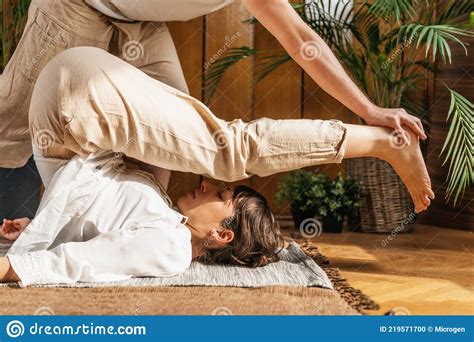 Thai Yoga Massage Course Thai Passive Stretching Legs Techniques Stock Photo Image Of Lying