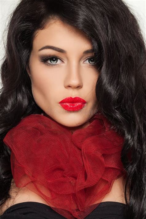 Beautiful Brunette Woman With Red Lips Makeup Stock Image Image Of