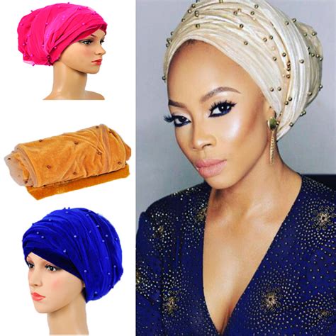Buy Hqt12 African Scraf Gele 9colors Beads Net Turban Solid African Headtie