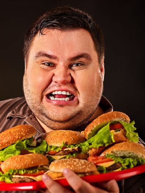 Fat Man Eating Fast Food Hamberger Breakfast For Overweight Person Stock Image Image Of