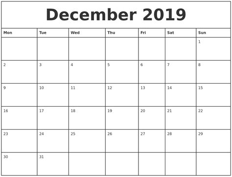December 2019 Printable Monthly Calendar