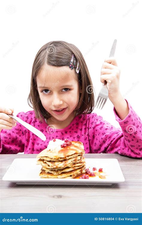 Eating Pancake Stock Photo Image Of Face Stack Fork 50816804