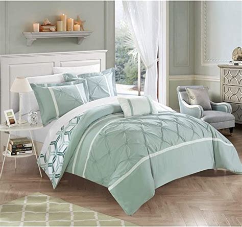 3pc Seafoam Green Comforter Twin Set Pinched Pleat Bedding Mint Neutral Sage Pintucks Ruched