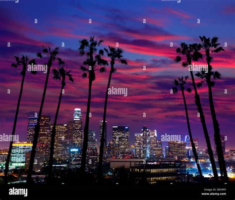 Downtown La Night Los Angeles Sunset Colorful Skyline California Stock