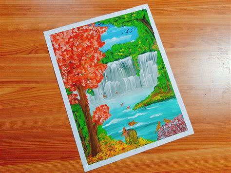 How To Paint A Beautiful Waterfall Nature Scenery Step By Step For