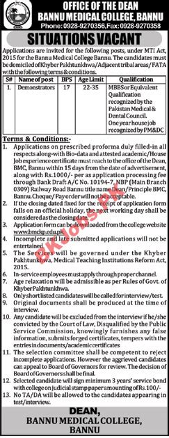 Bannu Medical College Jobs For Demonstrators Latest Advertisement Bk Jobs