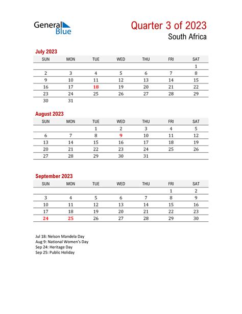 Q3 2023 Quarterly Calendar With South Africa Holidays