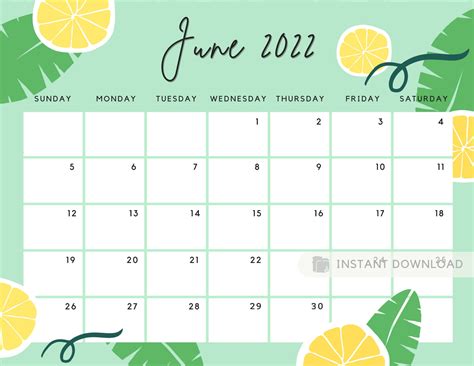 June 2022 Calendar Cute Summer Printable Calendar Planner Etsy