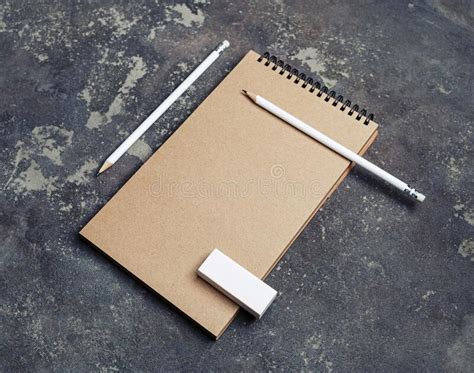 Kraft Notebook Pencils Eraser Stock Photo Image Of Brand Document