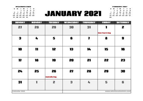 January 2021 Calendar Australia With Holidays