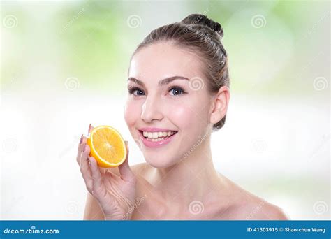 Beautiful Woman Face With Orange Stock Image Image Of Cosmetology