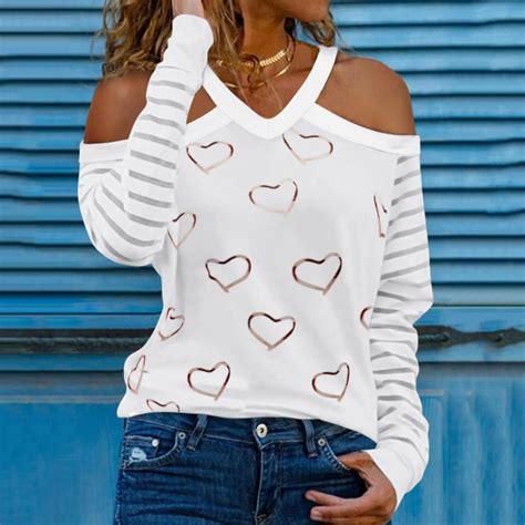 Elegant Off Shoulder Blouse Womens Sexy Love Printed Long Sleeve Casual Tee Shirt Blouse Tops