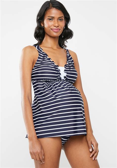 Maternity Stripe Tankini Top Navy And White Jacqueline Swimwear