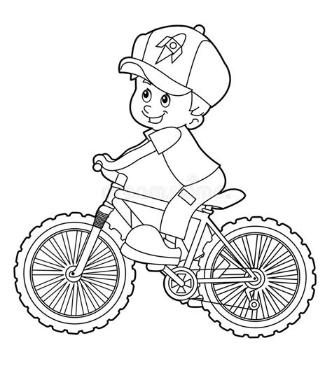Dirt bike coloring for kids of motorcycle engine. Cartoon Kid Riding Bicycle - Coloring Page Stock ...