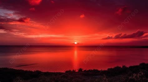 Beautiful Red Sunset Over The Ocean Background A Bright Red Sunset