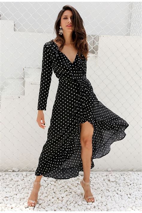 Polka Dot Ruffle Wrap Long Dress Women Split Long Sleeve Dress