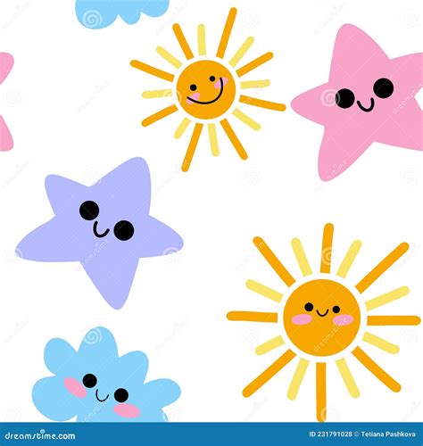 Seamless Kids Cartoon Pattern on White Background for Wallpaper Stock