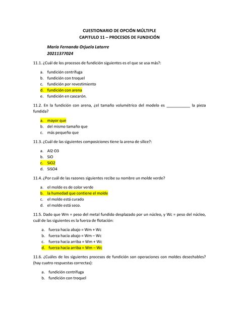 Capitulo 11 Procesos DE Fundición CUESTIONARIO DE OPCIÓN MÚLTIPLE