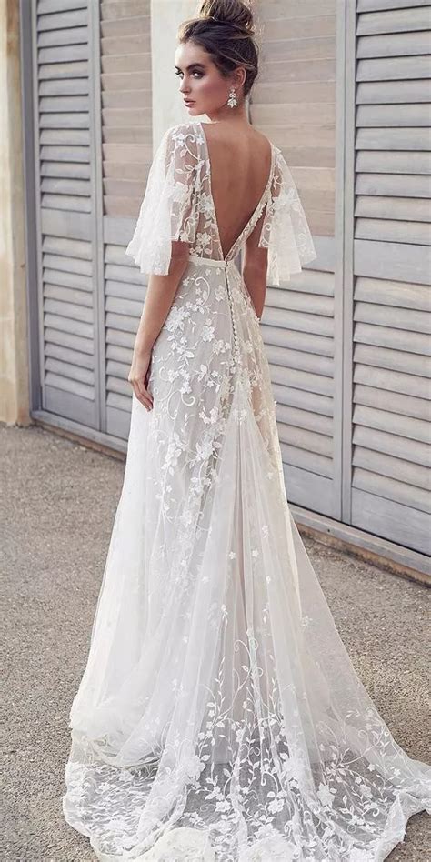 Wedding Dresses 2019 A Line V Back Floral Lace With Flowy Sleeves Anna