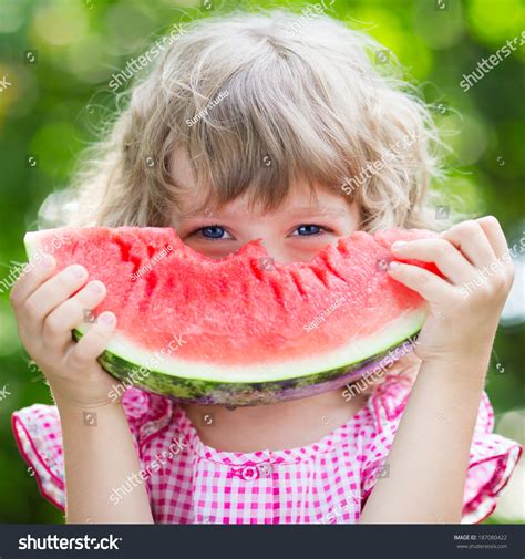 Funny Kid Eating Watermelon Outdoors Summer Stock Photo Edit Now