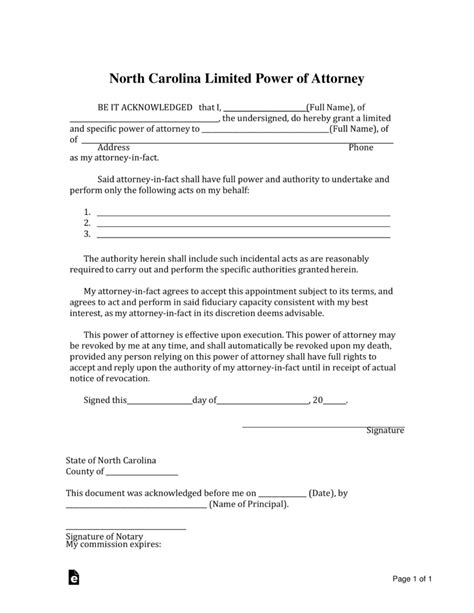 A power of attorney can last for a temporary time period or the entire life of the principal. Free North Carolina Limited Power of Attorney Form - PDF | Word | eForms