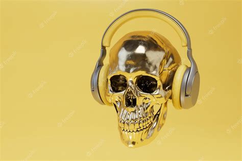 Premium Photo A Golden Human Skull In Headphones On A Yellow