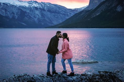 Beautiful Proposal During The Sunrise At Lake Minnewanka Banff