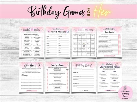 8 Birthday Games Bundle For Her Printable Adult Girl Birthday Party