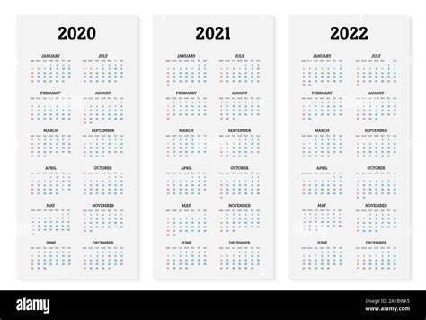 Annual Calendar 2020 2021 And 2022 Template Vector Illustration Stock