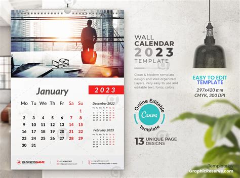 Corporate Business Wall Calendar 2023 Canva Template Graphic Reserve