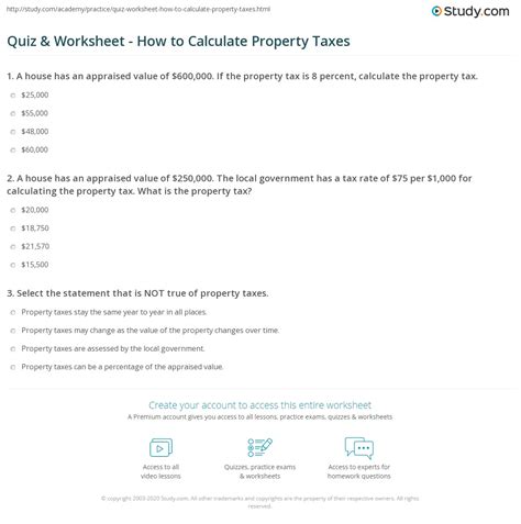 Quiz And Worksheet How To Calculate Property Taxes