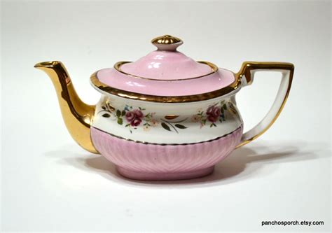 Vintage Georgian Gibsons Teapot Pink Floral Heavy Gold Details England