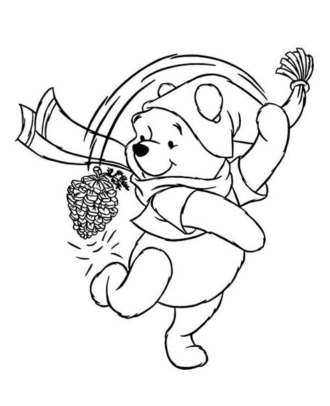 Winnie The Pooh Playing With Cone Pine On Winter Coloring Page
