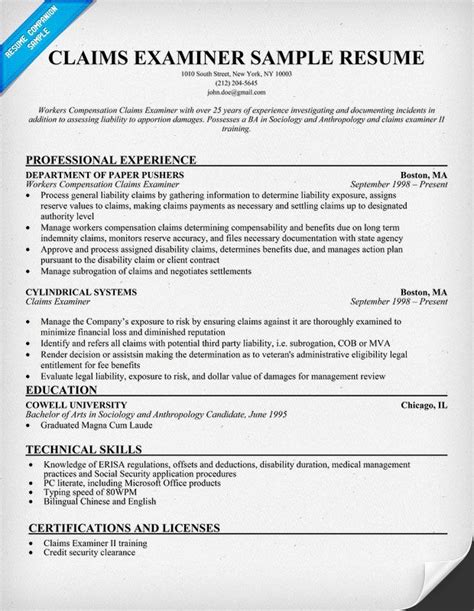 Examiners write cover letters to support their resume. Claims Examiner Resume (resumecompanion.com) | Resume ...