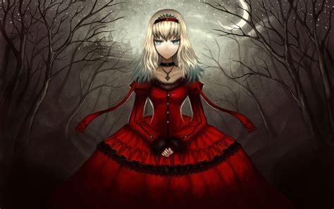 Wallpaper Illustration Night Anime Red Dress Black Hair Castle