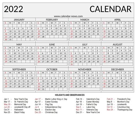 2022 Calendar With Holidays Calendar Printables Free Printable Year