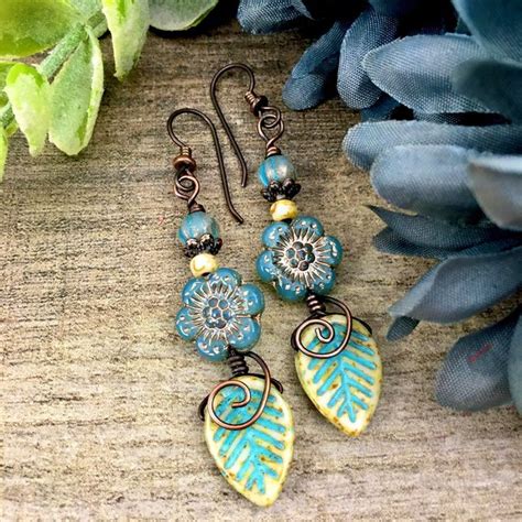 Czech Glass Floral Beaded Dangle Earrings Niobium And Copper Etsy