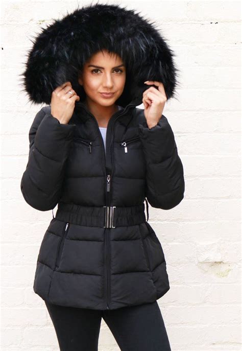Harper Quilted Longline Hooded Puffer Coat With Faux Fur Trim And Belt In